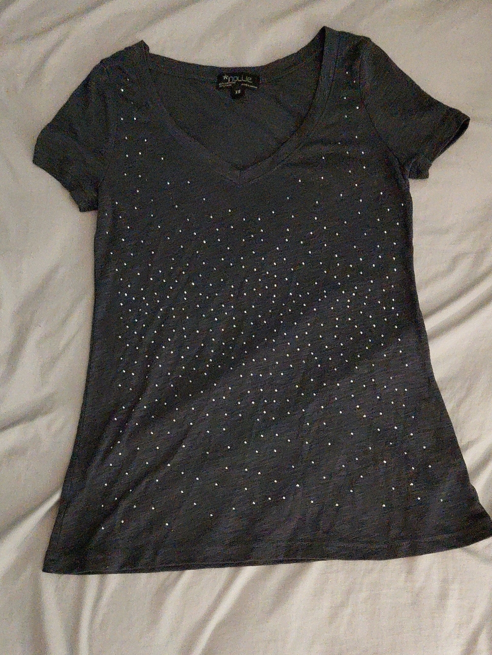 Nollie Charcoal V-Neck Short Sleeve Tee with Silver Studs